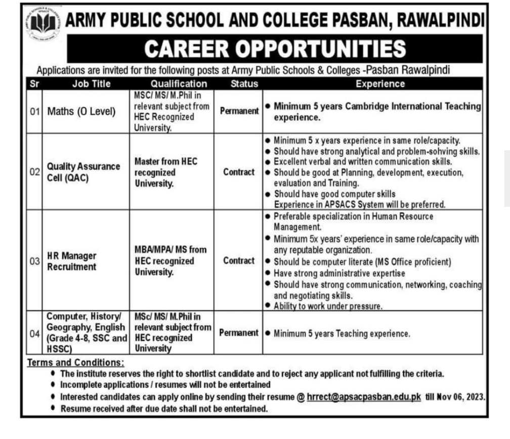 Army Public school Latest jobs 2023